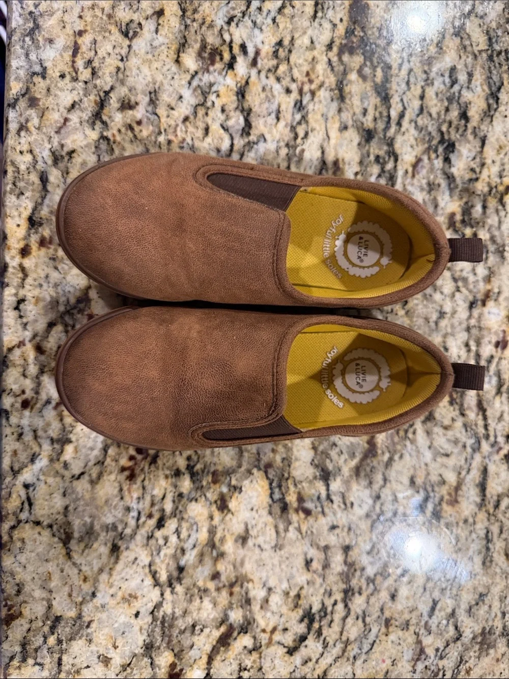 Size 12T Livie & Luca Brown Suede-Look Slip-On Sneakers with Yellow Insole EEUC